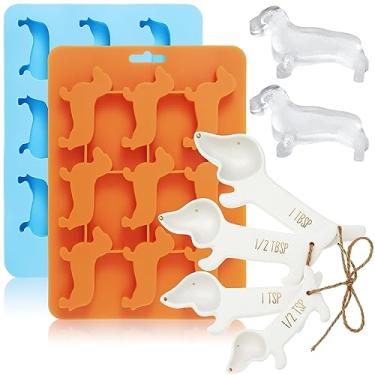 Imagem de Roshtia Conjunto de 6 peças de presentes de Natal Dachshund, 2 bandejas de silicone para cubos de gelo em forma de dachshund e 4 colheres medidoras, acessórios de cozinha fofos para Natal, festa de