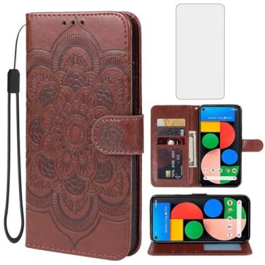 Imagem de Yodueiv Capa carteira para Pixel 5, Google 5 GD1YQ GTT9Q, com protetor de tela de vidro temperado, alça de pulso de couro PU mandala com compartimentos para cartões, capa protetora flip para Google