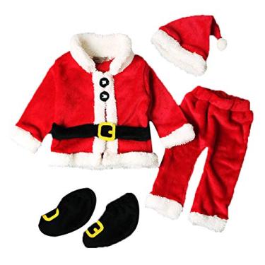 Imagem de LouVasabuce Fantasia de Papai Noel para bebês meninos e meninas, casaco de inverno + calça + chapéu + meias, 4 peças, roupas de Natal para crianças, Vermelho, 6-9 Meses