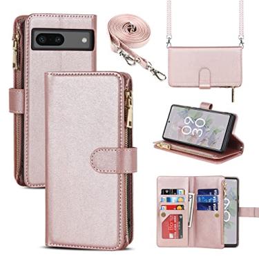 Imagem de Jaorty Capa carteira adequada para Google Pixel 7a (5G 2023), [9 compartimentos para cartões] [colar removível ajustável e alça de ombro] Capa de couro PU com zíper para mulheres e homens, ouro rosa