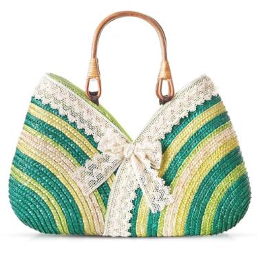 Imagem de QTKJ Bolsa de praia, sacola para mulheres, bolsa de palha feita à mão com laço de renda, alça de transporte de bambu, bolsa adequada para férias, viagens, correspondência diária (verde), Verde, One