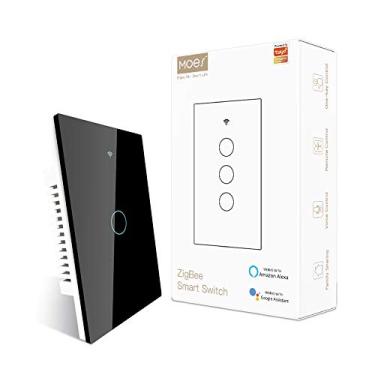 Imagem de MOES Interruptor de luz de parede ZigBee Smart Touch, requer cubo Tuya ZigBee 3.0, sem fio neutro/fiação N+L, sem capacitor, controle remoto Smart Life Tuya 2/3 vias, funciona com Alexa Google Home, 2MQTT, 1 gangue preto