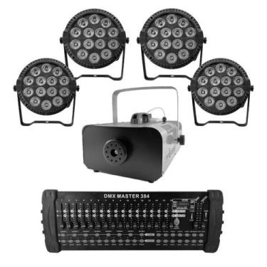 Imagem de Kit 4 Par Led Slim + Máquina De Fumaça 2000W + Mesa Dmx 384 - Sanyi Li