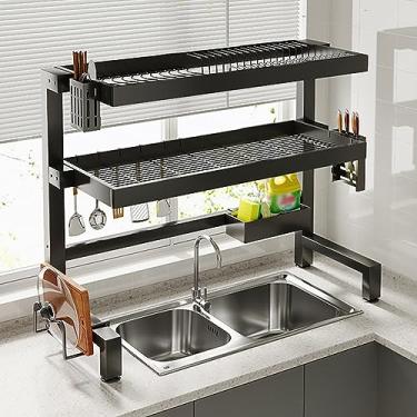 Imagem de Escorredor de pratos de cozinha sobre a pia, escorredor de pratos de 2 níveis com suporte de utensílios e tábua de corte para organização de balcão de cozinha, organizador de cozinha preto