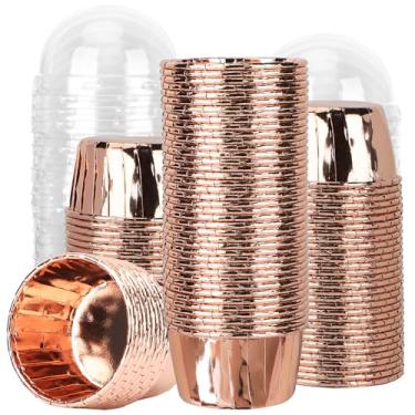 Imagem de EUSOAR Mini forros de muffin, 100 peças, 100 peças, forros de cupcake de champanhe para assar com tampas de plástico, copos de alumínio descartáveis de ramequins com tampas para casamento, festa de