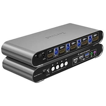 Imagem de Terived 4 computadores, 1 monitor HDMI, interruptor KVM automático 4K a 60Hz, comutação de teclas de atalho, EDID, com áudio e microfone, revestimento de alumínio com tela digital, hub USB 3.0, HDR10