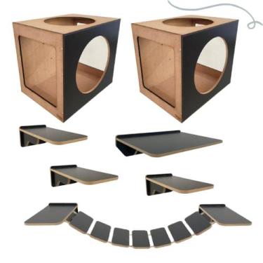 Imagem de Kit Playground De Gatos 2 Nichos 1 Ponte 4 Prateleiras Frente Circulo 