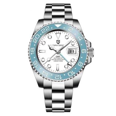 Imagem de Pagani Design GMT Relógio masculino mecânico automático, bisel de cerâmica, aço inoxidável, com função de data, relógio esportivo masculino, azul-celeste-branco-3