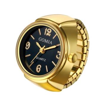 Imagem de JewelryWe Relógio unissex com anel de dedo: pulseira elástica dourada retrô masculina feminina mostrador preto redondo quartzo analógico leve novidade relógios para o Natal, Ouro - grande