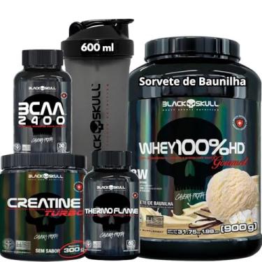 Imagem de Kit Suplemento Whey Protein 100% HD POTE Gourmet + Creatina Monohidratada Turbo 300g + Termogênico Thermo Flame + Bcaa 2400 + Coqueteleira Shaker (900, Whey Sorvete de Baunilha)