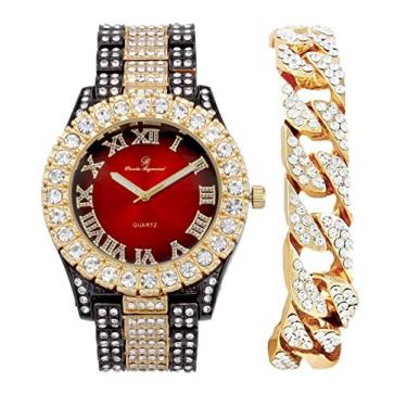 Imagem de Charles Raymond Relógio masculino de prata com números romanos totalmente gelado com mostrador colorido e pulseira de prata brilhante cubana brilhante - ST10327 RN Cubano, Arma, ouro, vermelho (blood red), 9 inches, ST10327 RN cubano (metálico, ouro, vermelho)