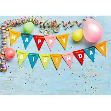 Imagem de DePhoto Pano de fundo de feliz aniversário de 1,8 x 1,8 m, balões coloridos e confetes, fundo de festa de aniversário, fundo azul para fotografia para adereços de estúdio fotográfico