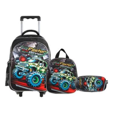 Imagem de Kit 3 Peças Mochila Rodinha Menino Carrinho Lancheira Estojo - Yin's, 