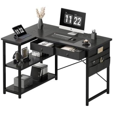 Imagem de Maihail Maihail Mesa de escritório em casa com gavetas, mesa de canto de computador de 99 cm para espaços pequenos, mesa pequena em forma de L com armazenamento lateral para quarto, preta