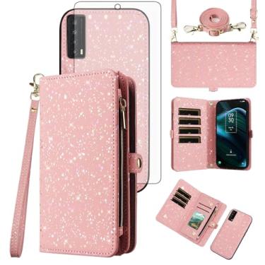 Imagem de Asuwish Capa de telefone para TCL Stylus 5G 2022 com zíper carteira magnética destacável com protetor de tela de vidro temperado e compartimento para cartão com glitter, suporte para celular TLC Stylo