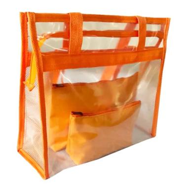 Imagem de Bolsa feminina praia sacola transparente 2 necessaires preta (Laranja)