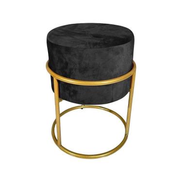 Imagem de Puff Decorativo Redondo Base De Ferro Dourada Tecido Veludo Preto
