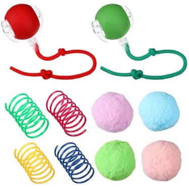 Imagem de VioraWhite 10 peças de brinquedos interativos para gatos, inclui 2 bolas de brinquedo automáticas para gatos, 4 molas espirais para gatos, 4 bolas de pompom para gatinhos, treinamento, brincadeiras,