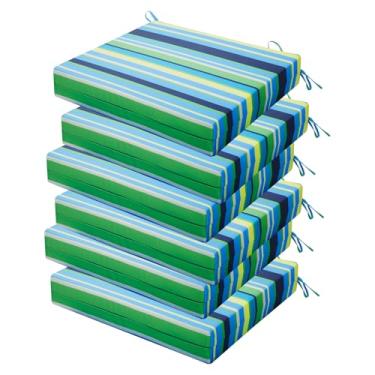 Imagem de HOMELYSIAN Conjunto de 6 almofadas de cadeira de jardim resistentes à água, 45 x 40 x 7 cm, almofadas de alta sustentação para móveis de pátio com laços antiderrapantes (risca azul e verde)