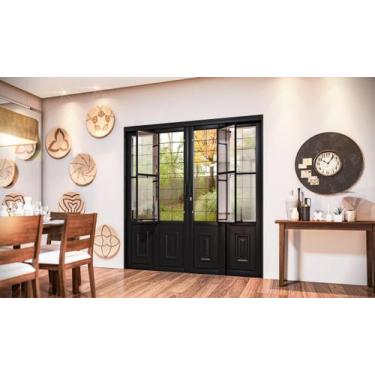 Imagem de Porta de Aço de Correr com Postigo e Grade Quadrada 4 Folhas 213x200cm