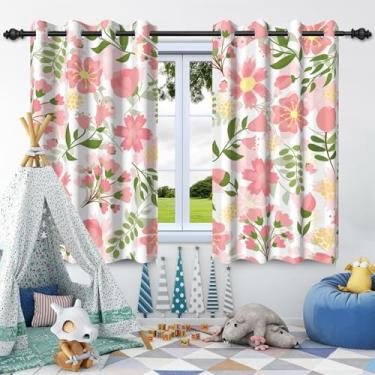 Imagem de Cortinas blackout florais de primavera para quarto de meninas, folhas verdes, flores rosa, cortinas pretas para sala de estar, cortinas de janela com ilhós, cortinas de janela com isolamento térmico,