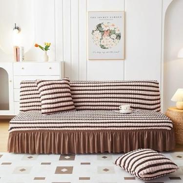 Imagem de Capa de futon sem braços com saia de babados, sofá-cama futon altamente elástica(Brown,Large (190-220cm))