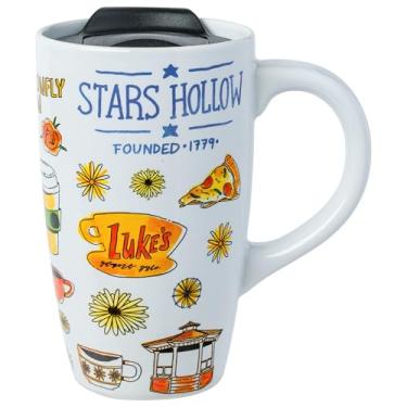Imagem de Silver Buffalo Caneca de viagem de cerâmica Gilmore Girls Iconic Icons Stars Hollow Luke's Diner com tampa e alça de fechamento deslizante, 473 ml