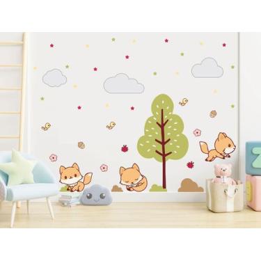 Imagem de Adesivo de Parede Raposas Cute Baby Arvore Flores Passarinho - Adesivo