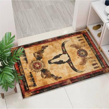 Imagem de Tapete de área ocidental lavável com cabeça de vaca 5 x 7 cm para sala de estar e quarto marrom rústico antiderrapante macio tapete grande para escritório e jantar