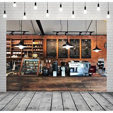 Imagem de BELECO Pano de fundo aconchegante de 3,7 x 3 m de tecido, café, restaurante, bar, para fotografia, café, interior, parede de tijolos, vintage, fundo de balcão de madeira para decoração de festa