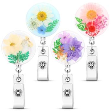 Imagem de Conjunto de 4 carretéis de identificação florais práticos com desenhos artísticos de flores, carretilhas retráteis de enfermagem para profissionais de saúde, materiais de trabalho funcionais (branco)