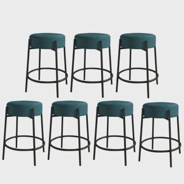 Imagem de Kit 07 Banquetas Alta Sintra 65cm Redonda Ferro Preto Suede Azul Turquesa - Ahazzo Móveis