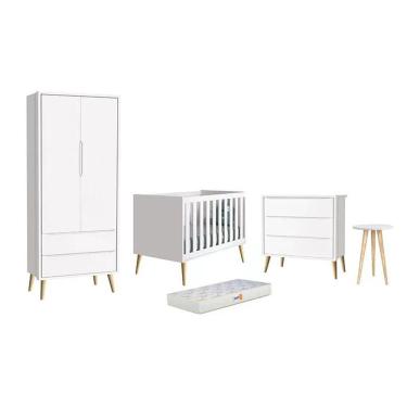 Imagem de Dormitório Theo 2 Portas, Mesa De Canto Branco Com Pés Madeira Natural E Colchão D18 Re...