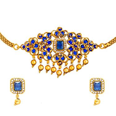 Imagem de Bodha Conjunto de colar tradicional indiano feito à mão antigo banhado a ouro tradicional Kundan, CZ, gargantilha cravejada com brinco combinando para mulheres (SJN_145_P), Latão, Zircônia cúbica