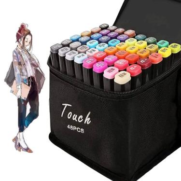 Imagem de Caneta Canetinhas Permanente 48 Cores Estojo Marcador Ponta Dupla Bolsa Alça Desenho Pintura
