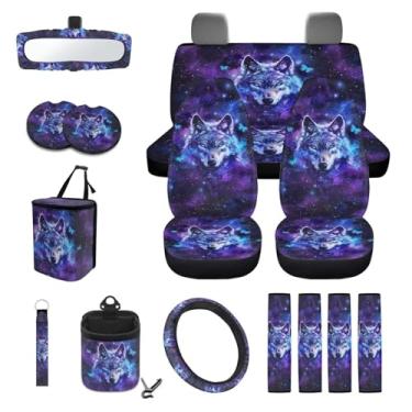 Imagem de Wanyint Conjunto completo de capa de assento de carro Galaxy Wolf Butterfly com 15 peças, capa de volante, alça de cinto, porta-copos para copos, saco de lixo, bolsa de armazenamento de ventilação de