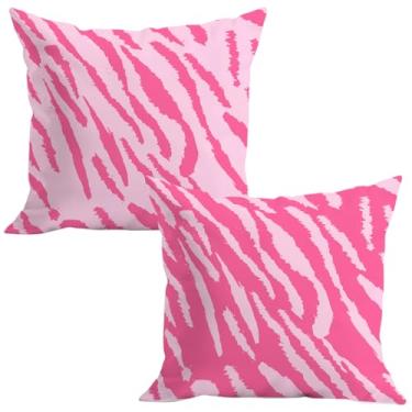 Imagem de THEYGE Capas de almofada com listras de zebra rosa, conjunto de 2 capas de almofada com estampa de pele de animal, 45,7 x 45,7 cm, fronhas macias estéticas para decoração de quarto, sala de estar