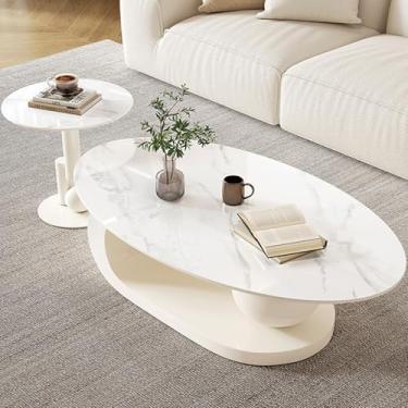 Imagem de AKALNNB Conjunto de mesa de centro de encaixe, com gavetas de armazenamento, dois estilos disponíveis, design de chão, conjunto de 2 mesas de centro em formato crescente, branco