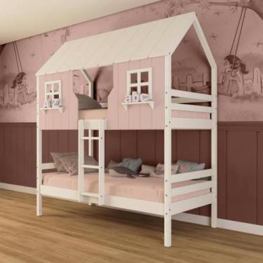 Imagem de Beliche Casinha Encantada Madeira Maciça Rosa/ Branco Megamobilia