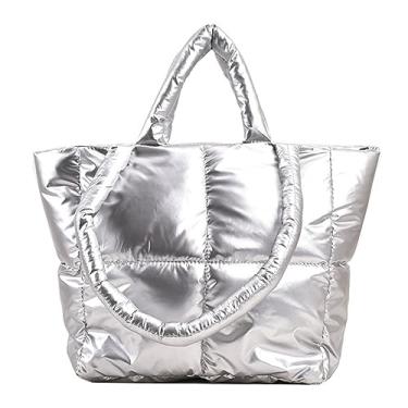 Imagem de srdmuph Sacola Puffy Sacola Acolchoada Puffy Bolsas de Malha para Mulheres Bolsa Grande Puffer Bolsa de Ombro Bolsas de Luxo Puffer, Prateado