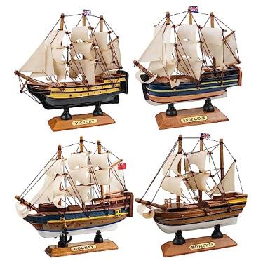 Imagem de SAILINGSTORY Modelo de madeira navio clássico modelo de navio decoração de veleiro Bounty, Endeavour, Mayflower, Victory 16 cm Conjunto de 4 unidades
