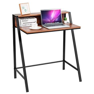 Imagem de Mesa de jogos Tangkula, mesa de computador de 2 camadas, mesa de escrita compacta para escritórios em casa de madeira resistente para pequenos lugares, mesa de sofá de escritório para escritório, mesa de estudo, Para jogos, Marrom