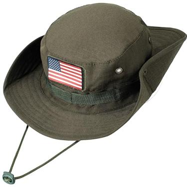 Imagem de Chapéu Boonie de aba larga, masculino e feminino, top camuflado para praia militar safári, Verde militar (bandeira americana), G-GG