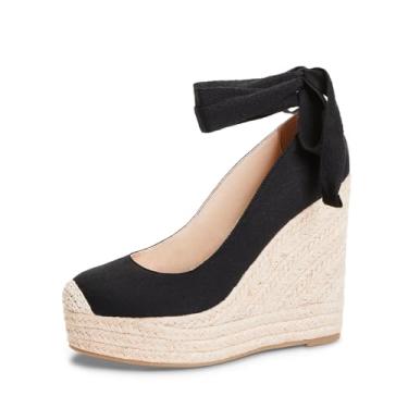 Imagem de JustFab Sandálias femininas plataforma salto alto verão mule aberto espadrille cunhas slip-on confortável macio suporte arco sandálias, Plataforma preta, 37