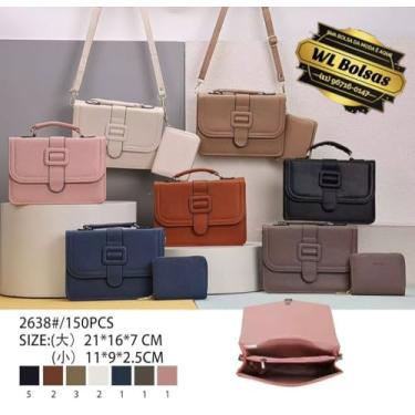 Imagem de Conjunto de Bolsa e Carteira Feminina, 7 Cores, Tamanho Grande 21x16x7 cm, Pequeno 11x9x2,5 cm, Alça Transversal
