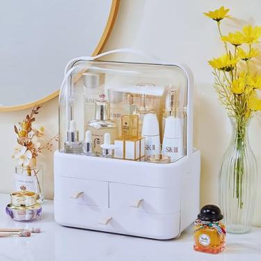 Imagem de Porta Maquiagem e Organizador de Joias Multiuso – Acrílico Transparente com 3 Gavetas e Tampa Flip Top, Compartimentos para Cosméticos, Bijuterias e Acessórios (Branco)