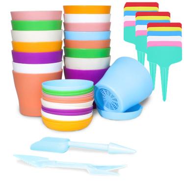 Imagem de FHDUSRYO Conjunto de vasos de plástico colorido com 36 peças, 16 vasos de flores pequenos para ambientes internos com 18 etiquetas de plantas e 2 mini ferramentas de transplante, vasos redondos espessos para berçário de mudas para casa de escritório e jardim
