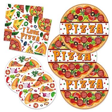 Imagem de CC HOME 88 peças PIZZA pratos de papel de aniversário, guardanapos, festival, I Love Pizza Time, conjunto de utensílios de mesa descartáveis para festas, tema de pizzaria, conjunto de talheres serve