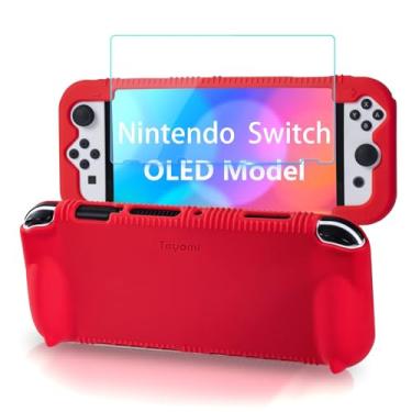 Imagem de Teyomi Capa De Silicone Para Nintendo Switch Oled Com 2 Compartimentos Cartões Jogo, [Adequada Crianças] Protetora À Prova Choque, Protetor Tela Vidro Temperado, Pega Ergonômica Oled, Vermelha