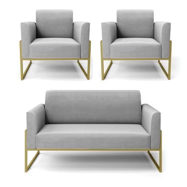 Imagem de Sofá Namoradeira Com 2 Poltronas Base Industrial Alta Dourado Marisa Suede Cinza D03 - D\'rossi